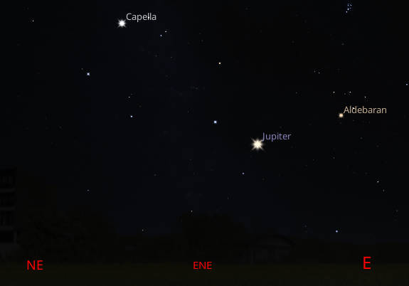 Jupiter low in the east-northeast at 11 PM this evening