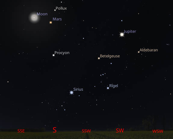 Jupiter, Mars and the Moon among the stars of winter seen at 7 AM tomorrow morning