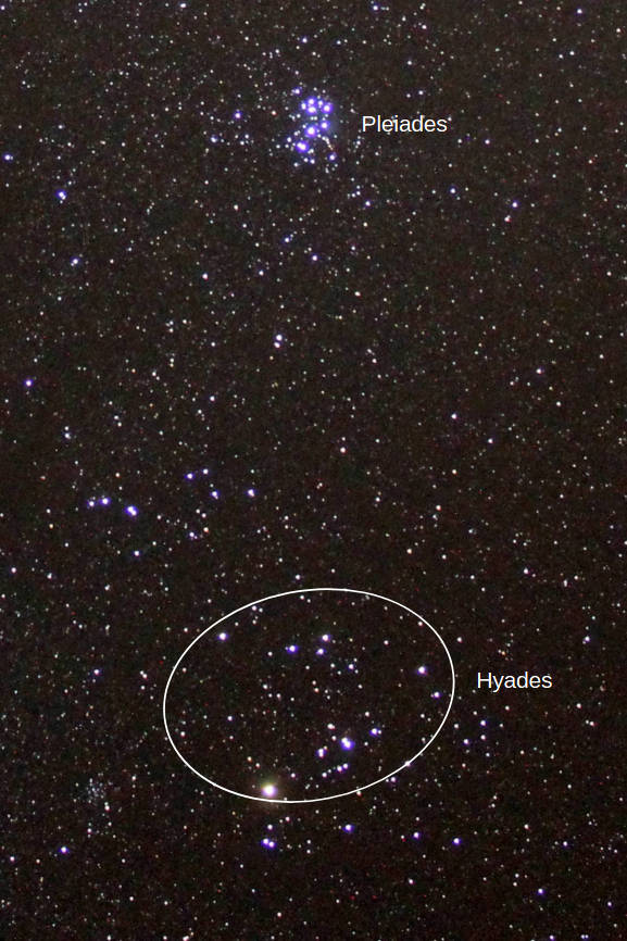 Two star clusters, the Pleiades and the Hyades in Taurus