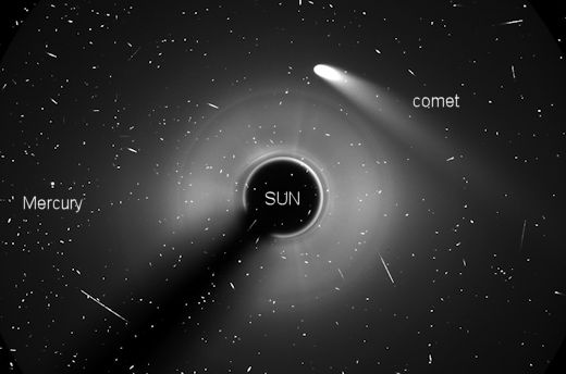 Comet Tsuchinshan-ATLAS as it appeared late Wednesday night or Thursday morning passing almost directly between the Earth and the Sun. Unlike other comets detected by the Solar and Heliospheric Observatory (SOHO) coronagraph this comet is nowhere near the Sun. It is halfway between them. And as of the time I am creating this post, Thursday evening, the tail of the comet is still visible in the chronograph. Most of the speckles and all of the streaks seen are subatomic particles from the coronal mass ejection (CME) that hit the spacecraft when the image was taken, and the same CME that is giving us an aurora tonight as of this posting. The SOHO spacecraft is in a halo orbit around the L1 Lagrange point between the Sun and the Earth, about a million miles sunward from the Earth. Credit: NASA/ESA.