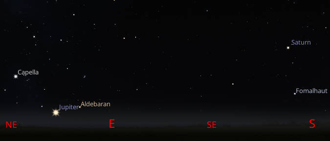 Jupiter and Saturn in this panorama from northeast to south at 8 pm or about 2 1/2 hours aftet sunset
