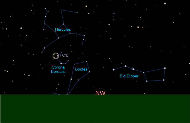 A Finder for the location of the nova, or Blaze Star, T Coronae Borealis or T CrB (when it happens), for the early evening now