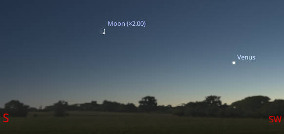 Venus and the Moon in evening twilight, approximately half an hour after sunset