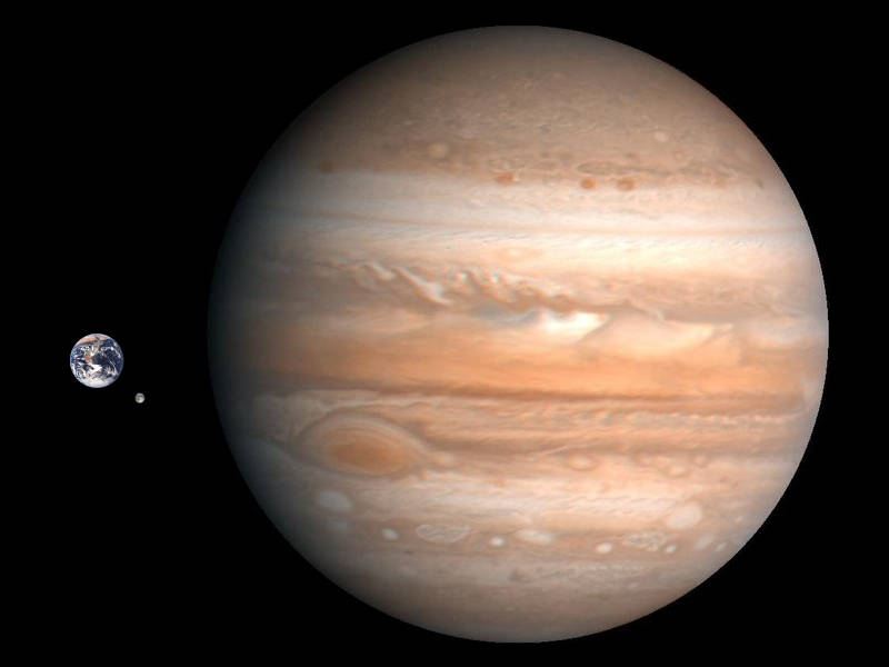 A size comparison between Jupiter, the Earth and Moon 