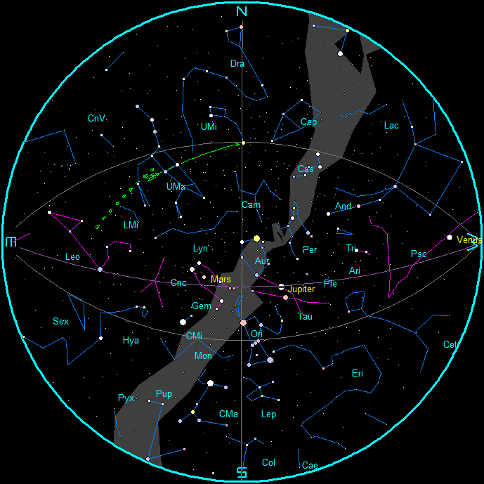 Star Chart for February 2024, (9 p.m. EST February 14, 2025). Created using my LookingUp program.
