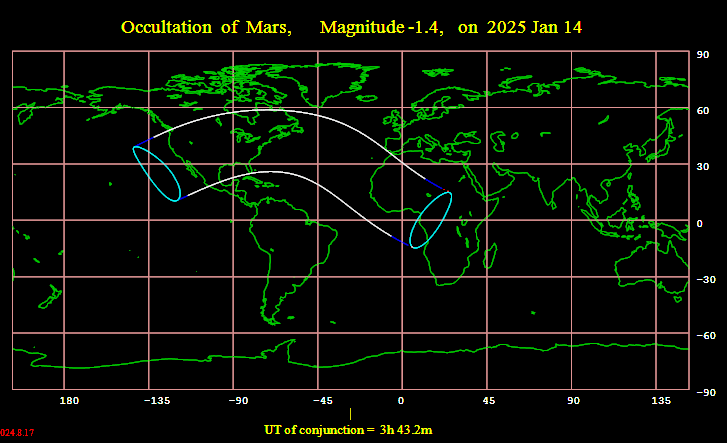 A world map showing the area where the occultation will be visible