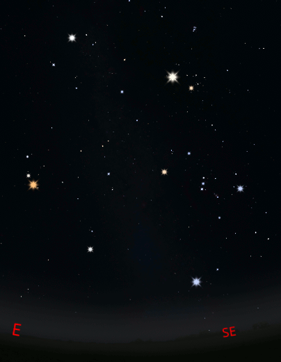 The Winter Hexagon, right now, with Jupiter replacing Aldebaran and Mars replacing Pollux