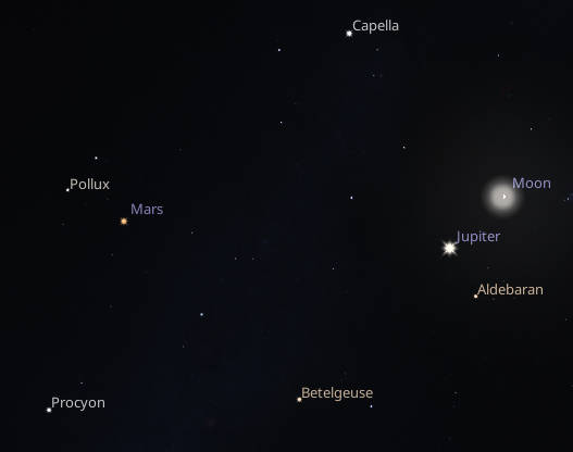 Jupiter, Mars and the Moon seen high in the South at 8:00 PM tonight, March 5th 2025.