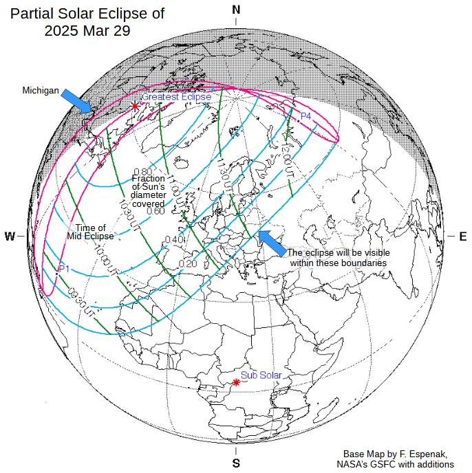 A map of tomorrow's partial solar eclipse.