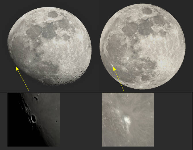 Aristarchus tonight, March 10, 2025, on the terminator (left), and Friday night, the 14th, before the total lunar eclipse starts.