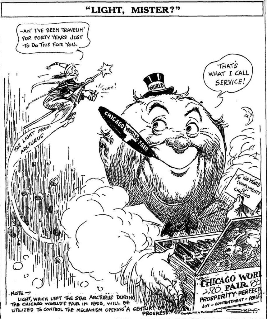 Cartoon in the Chicago Tribune in 1933 on the light from Arcturus lighting up the Chicago World's Fair. Via Chicagology.com.