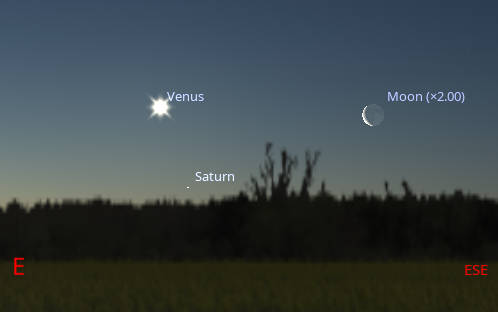 Venus, Saturn and the Moon at 6 AM tomorrow morning, low in the east.