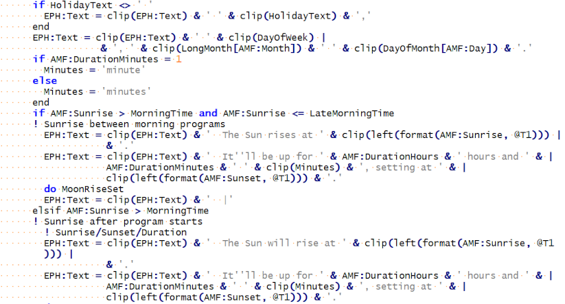 A snippet of code I wrote to create the first part of the Ephemeris script.