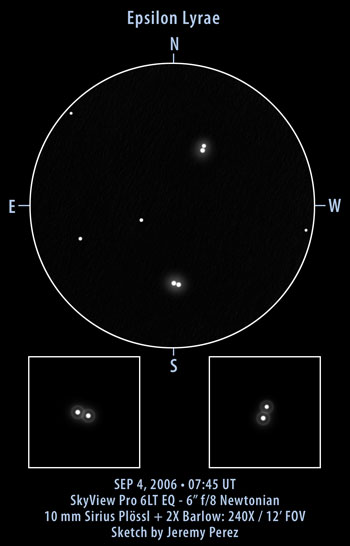 A drawing of the resolved components of Epsilon Lyrae as seen in a telescope by Jeremy Perez.