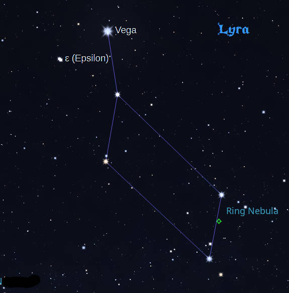 Lyra, magnified to the level found with binoculars, showing Epsilon Lyrae.