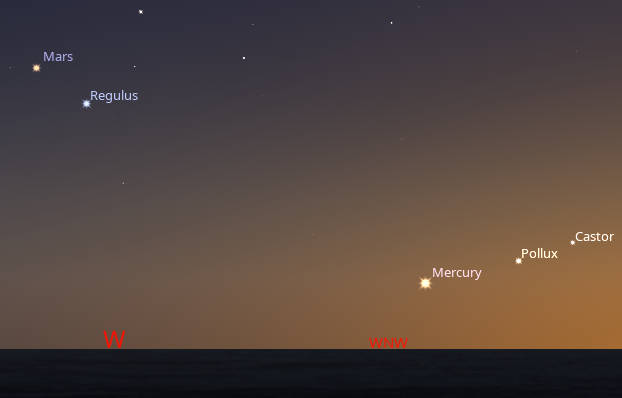 Mars and Regulus this evening with Mercury and other bright stars in the western sky near 10:30 PM.
