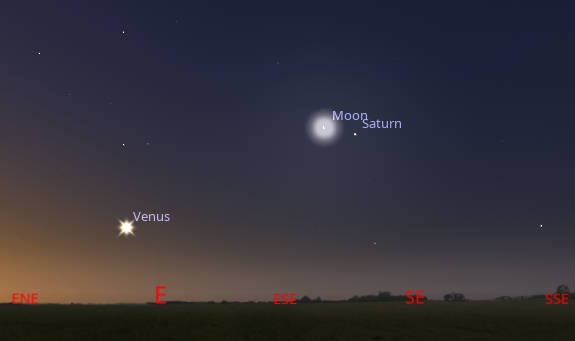 Venus, Saturn and the waining crescent Moon at 5 AM tomorrow morning