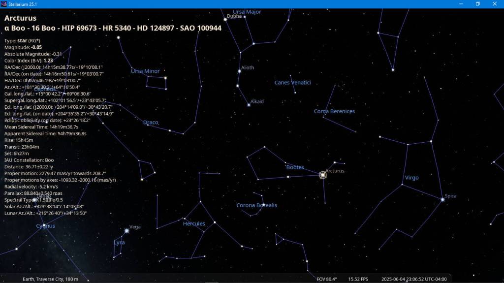 A view of the sky looking up and southeastward using Stellarium.