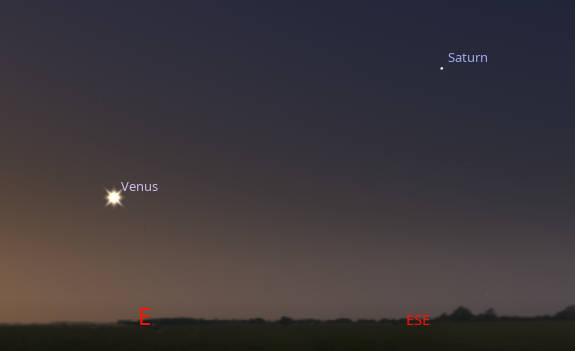 Venus and Saturn at 5 AM tomorrow morning, June 5th, 2025, low in the east