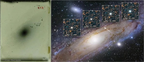 A photographic plate of the Andromeda Galaxy, upon which Edwin Hubble discovered a Cepheid variable.