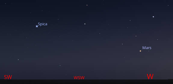 Mars and Spica this evening in the western sky near 10:30 PM tonight.