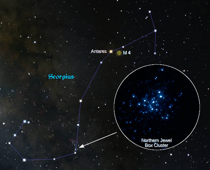 Scorpius, the scorpion, without the atmospheric effects and the horizon of viewing it from northern Michigan, shows the Northern Jewel Box Cluster.