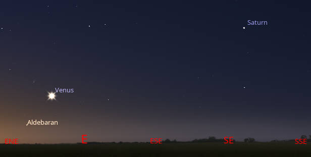 Venus and Saturn at 5 AM tomorrow morning, July 3rd, 2025.