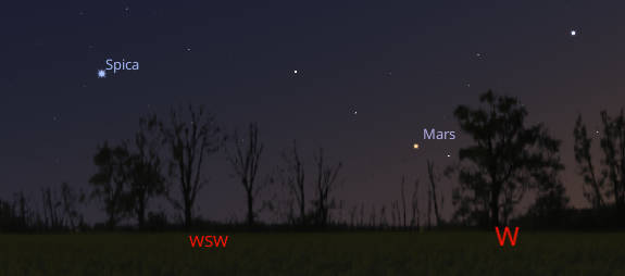 Mars and Spica this evening in the western sky near 10 PM, August 6, 2025