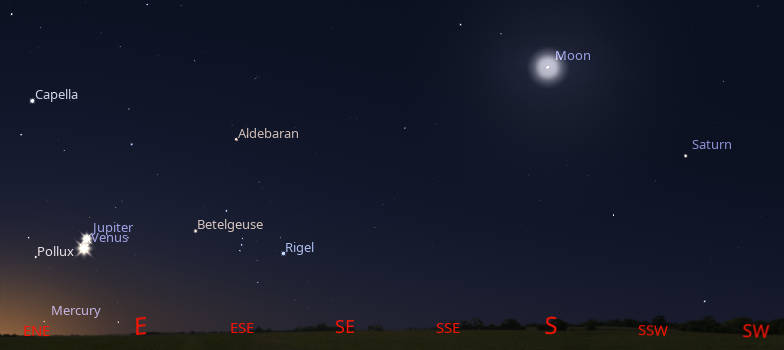 Saturn, Jupiter and Venus with some bright winter stars at 5:45 AM tomorrow morning