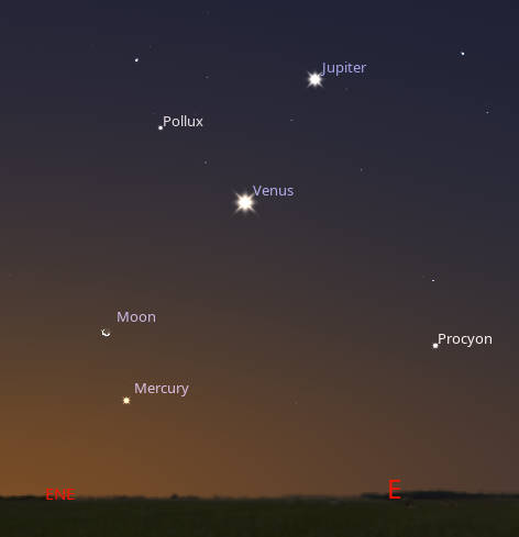 Three of the four morning planets are visible, along with the crescent Moon, in the east at 6:00 AM tomorrow morning, August 21, 2025.