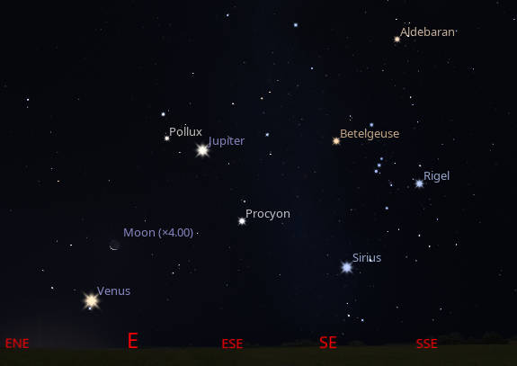 Venus, the waning crescent Moon and Jupiter are visible in the east among the winter stars at 6:00 AM tomorrow morning, September 18, 2025. Saturn is low in the west. 