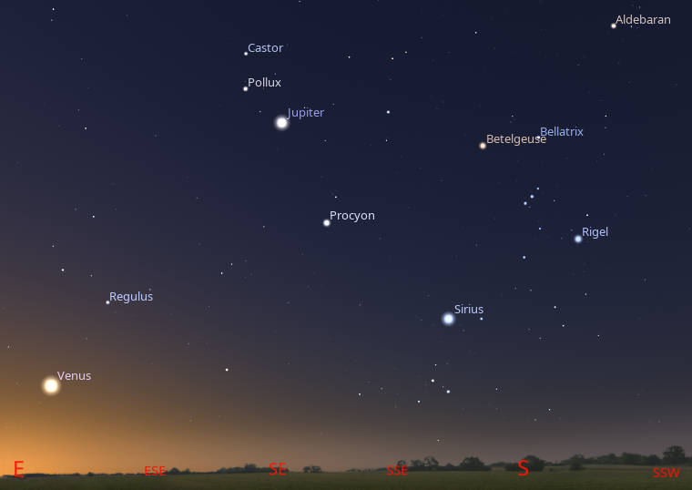Venus and Jupiter are visible in the southeastern sky among the winter stars at 7 AM tomorrow morning.