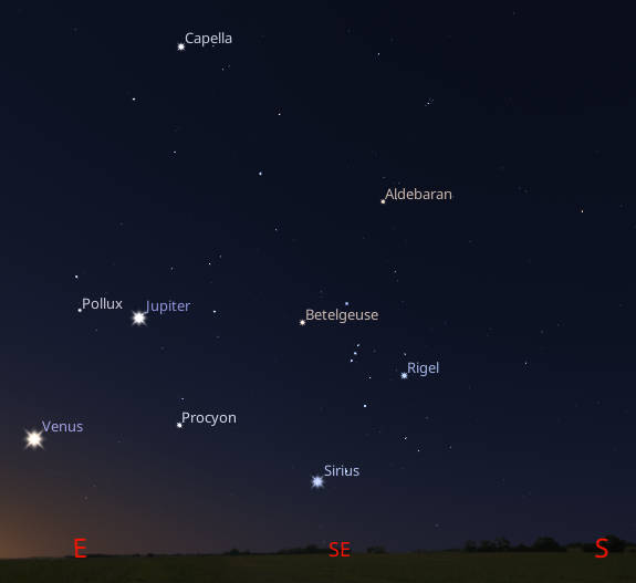 Venus and Jupiter are visible in the east among the winter stars at 6:00 AM tomorrow morning