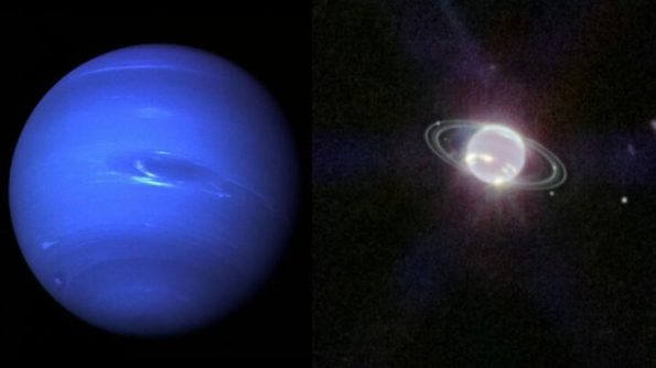 Naptune as seen from Voyager 2 and the James Webb Space Telwescope.