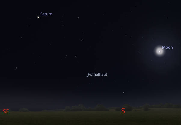 Saturn with Fomalhaut and the Moon tonight at 9:00 PM, October 29, 2025.