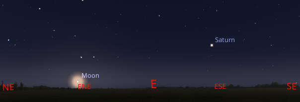 Saturn in the east southeast with the just risen waning gibbous Moon at 8 PM tonight