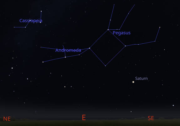 Saturn with the constellations Pegasus, Andromeda and Cassiopeia in the southeastern sky at 8:00 PM, October 22, 2025. Created using Stellarium.