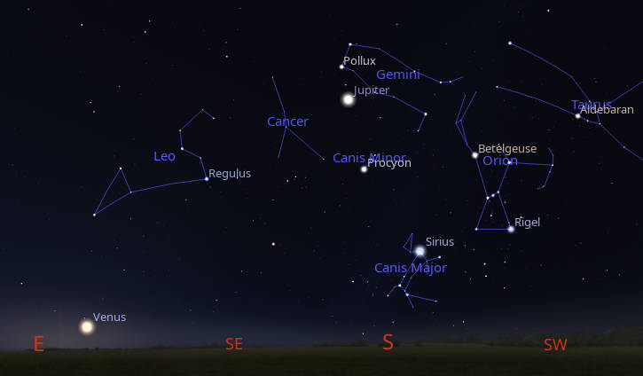 Jupiter with the stars and constellations of winter, and below is the just risen Venus at 7 AM.
