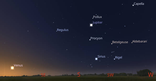 Venus and Jupiter are visible in the east and southern sky among the winter stars at 7:30 AM tomorrow morning, October 30, 2025.