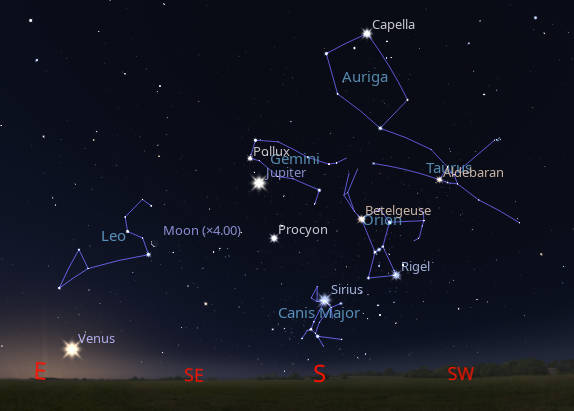 Jupiter with the stars and constellations of winter. A preview of the evening skies a few months from now, but tomorrow morning at 7:00 AM.