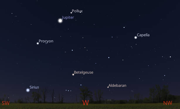 Jupiter and the winter stars setting in the 7 AM morning sky tomorrow morning.