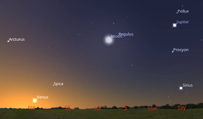 Venus will be visible very low in the east-southeast, and Jupiter will be high in the southwestern sky with the winter stars at 7 AM tomorrow morning.