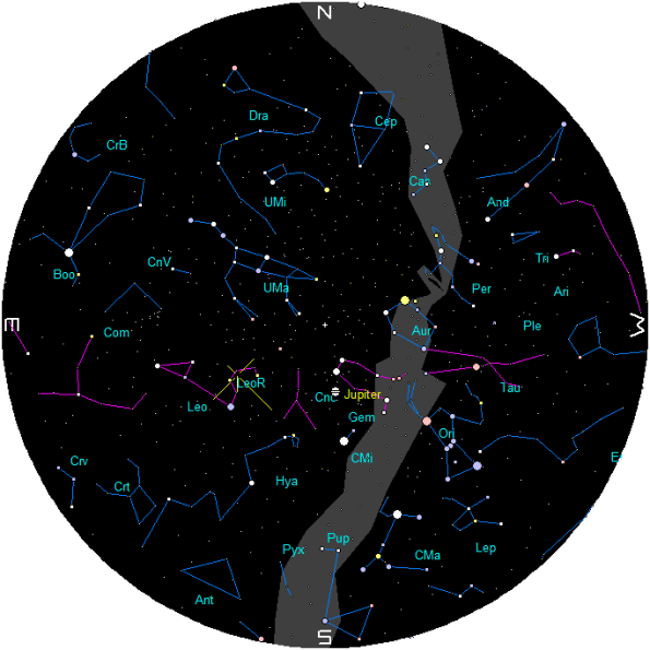 The dome of the sky at 5 AM showing the Leonid Radiant at the head of Leo the lion.
