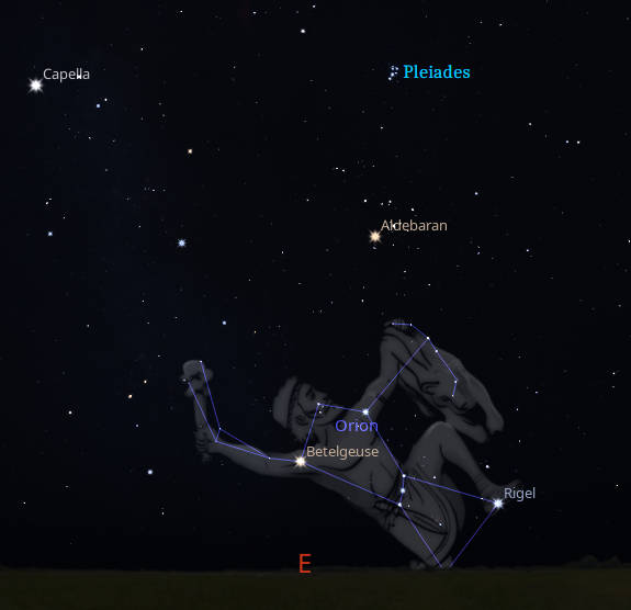 The Pleiades, at 9 PM tonight, with Orion rising to chase them.