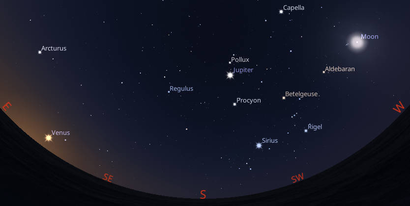 Venus will be visible very low in the east-southeast, and Jupiter will be high in the south southwestern sky among the winter stars at 6:30 AM tomorrow morning.