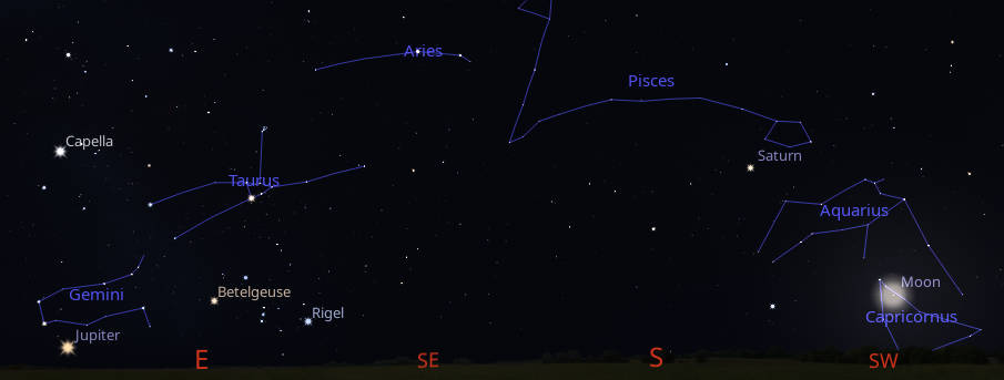 Jupiter, Saturn and the Moon along with the zodiacal constellations in this panorama at 9 PM tonight