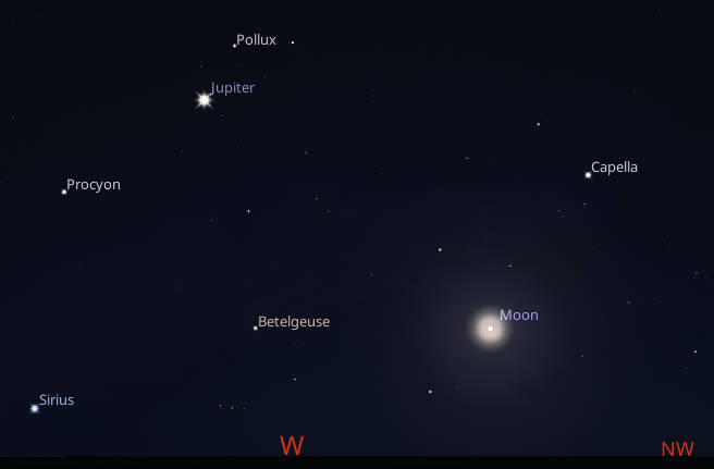 Jupiter is the only visible morning planet, and soon it too will leave, as it is sinking in the west with the few remaining winter stars and the Moon at 7 AM tomorrow, January 1, 2026.