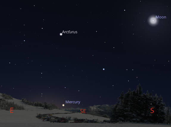 Mercury (though not as bright as this) and the last quarter Moon, as they might appear at 7 AM tomorrow morning.
