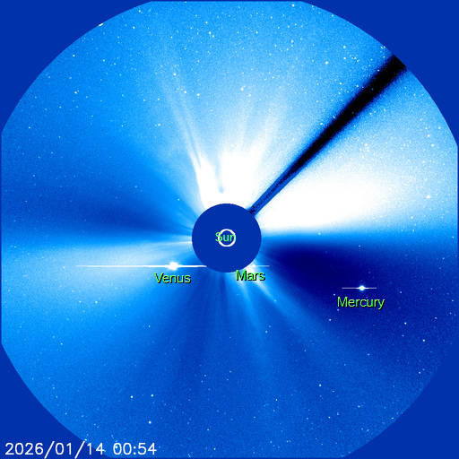 This is a photograph of the Sun, Venus and Mars taken through the Solar and Heliospheric Observatory‘s (SOHO) C3 coronagraph last night.