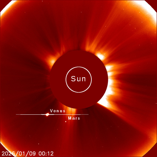 A photograph of the Sun, Venus and Mars taken through the Solar and Heliospheric Observatory’s (SOHO) C2 coronagraph last night at 7:12 PM EST.